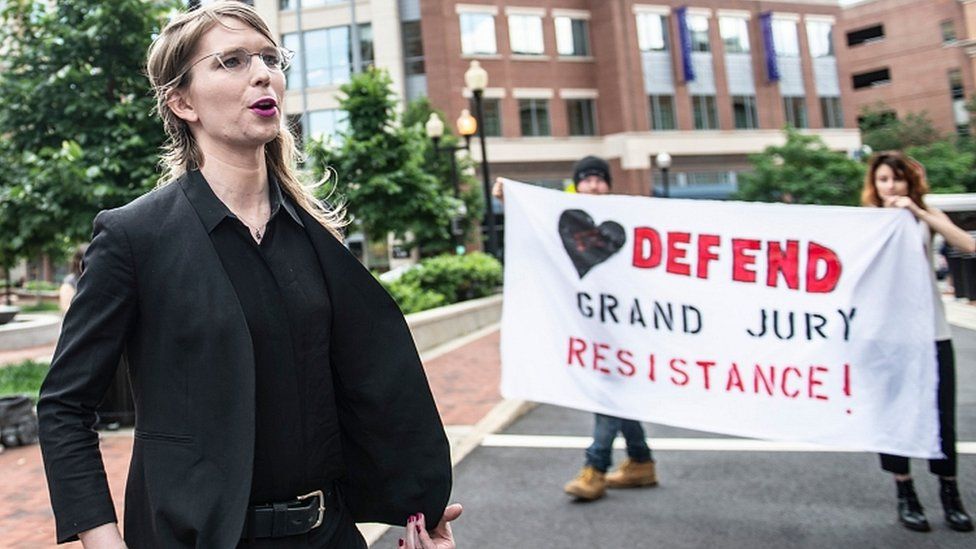 Chelsea Manning speaks to the press ahead of a grand jury appearance about WikiLeaks, in Alexandria, Virginia, on May 16, 2019