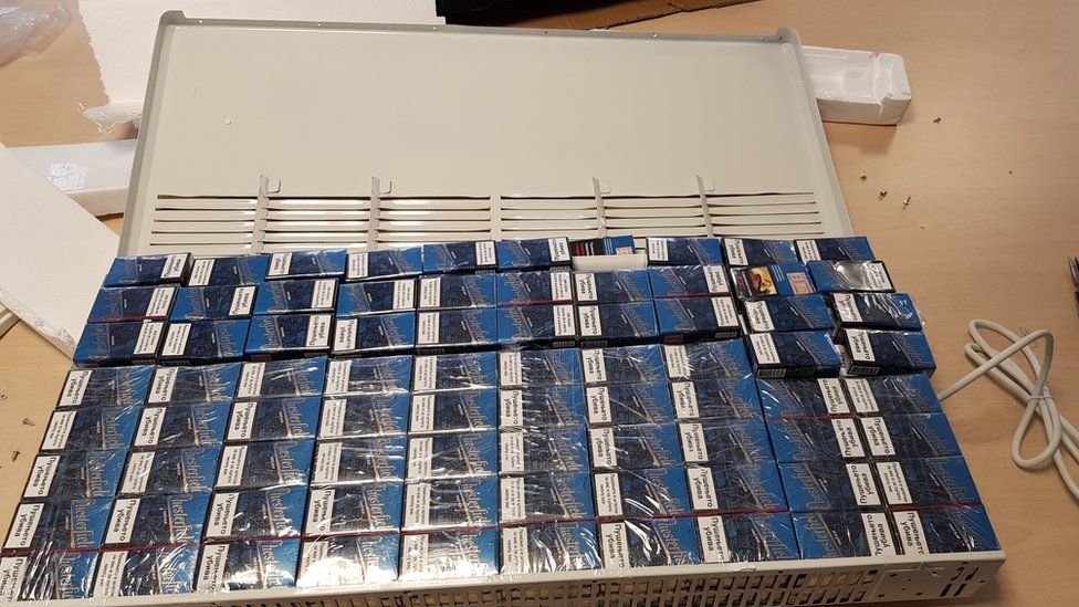 A large quantity of cigarettes inside an electric heater.