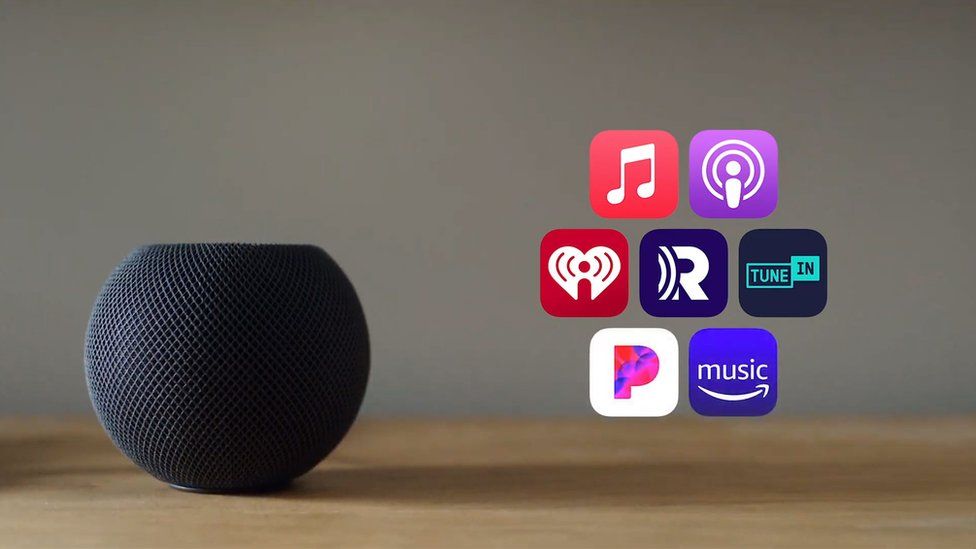 An Apple hompodmini is seen in grey mesh with a range of icons for music and radio services