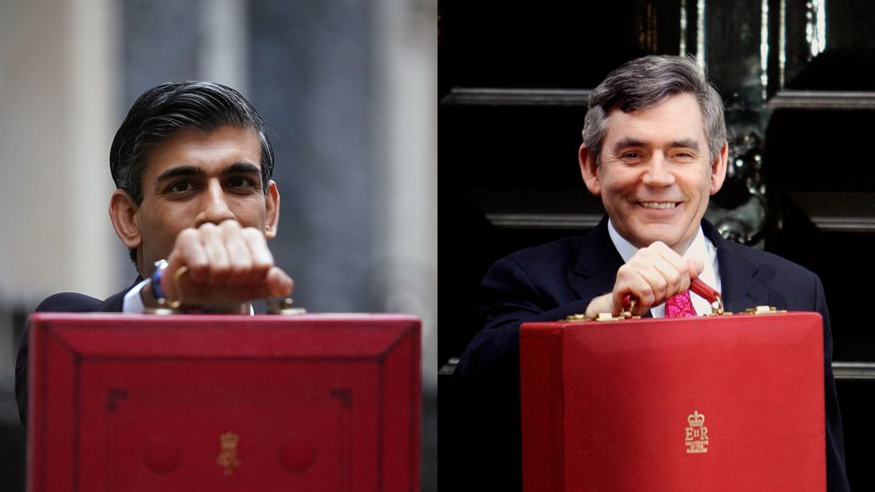 Rishi Sunak and Gordon Brown holding their red cases