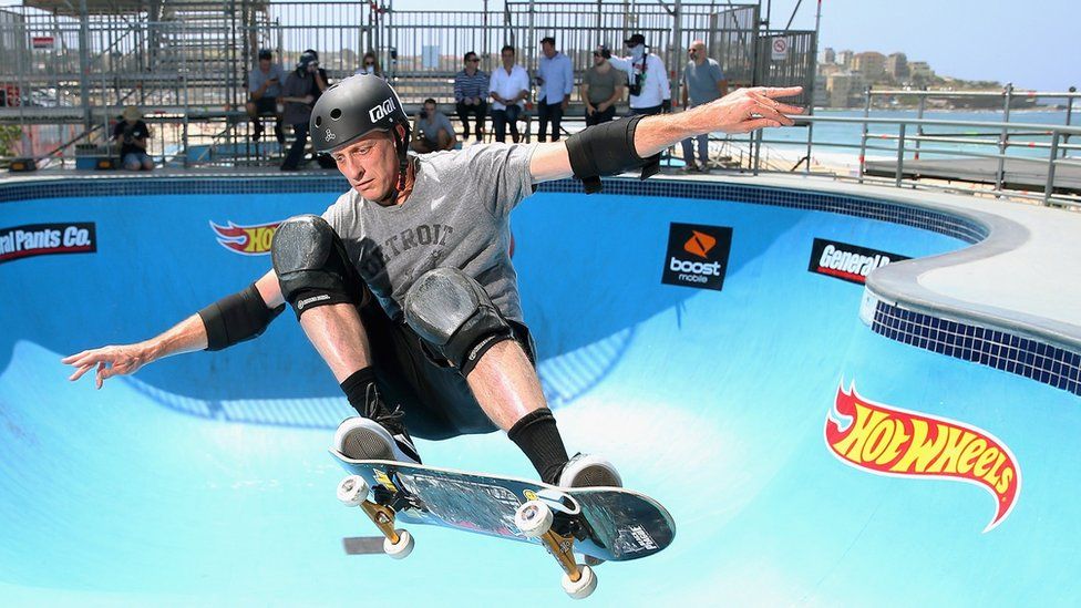Tony Hawk performs a manoeuvre at the BOWL-A-RAMA 2018 in Sydney
