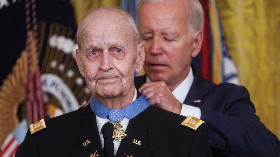 U.S. President Joe Biden awards the Medal of Honor to retired Army Captain Larry Taylor for conspicuous gallantry during the Vietnam War, during a ceremony in the East Room at the White House in Washington, U.S., September 5, 2023.