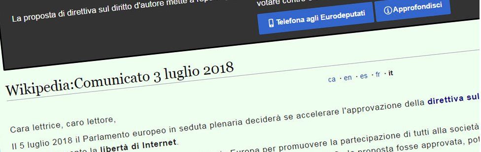 A screenshot of a Wikipedia page in Italian, urging readers to contact their MEP