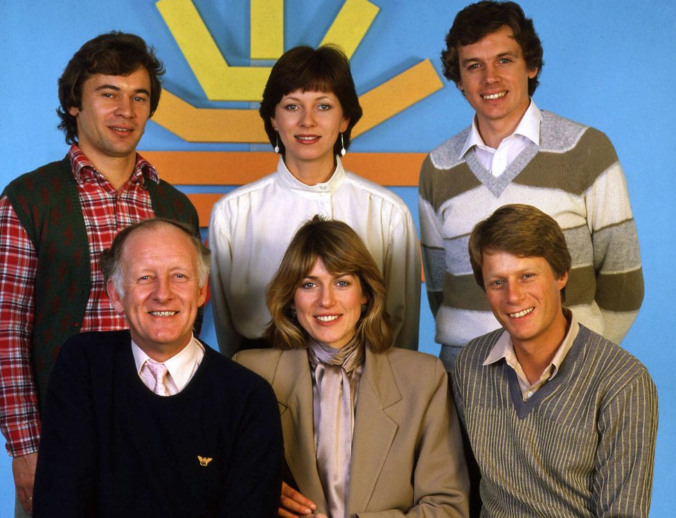 Breakfast Time presenters 1983 clockwise from top left: Francis Wilson, Debbie Rix, David Icke, Nick Ross, Selina Scott and Frank Bough