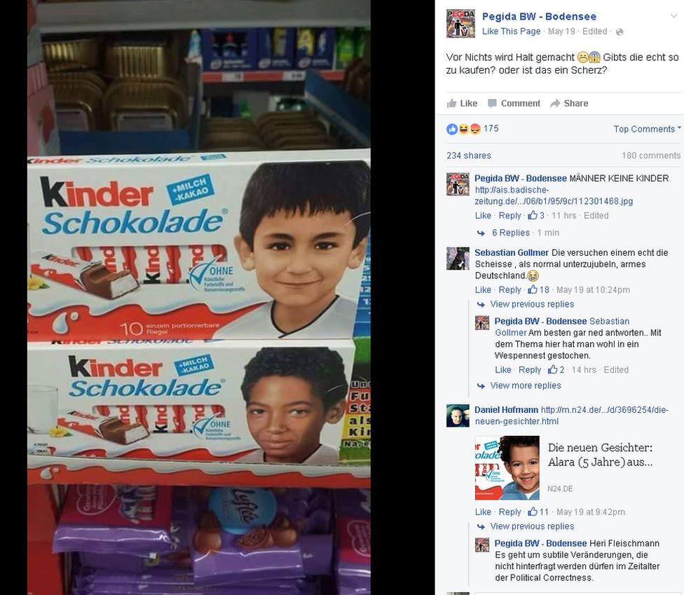 Screengrab of Pegida page on Facebook showing 180 comments under a complaint, with photos of two Kinder chocolate bars featuring faces of a Turkish child and a black child.