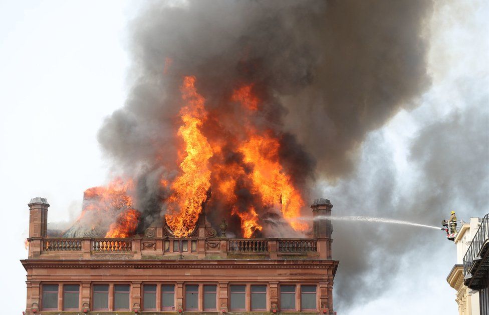Flames at the top of the Bank Buildings in Belfast city centre