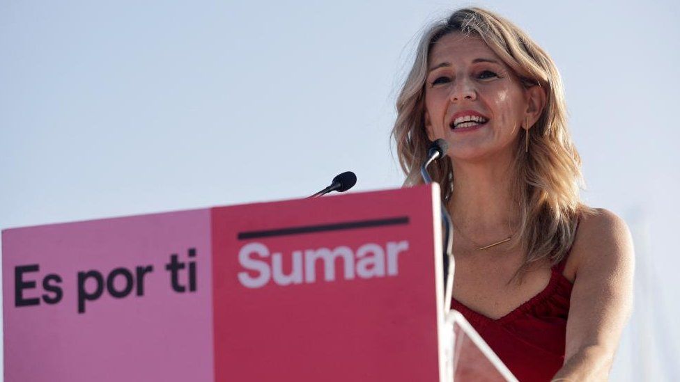 Spain's left-wing Sumar leader Yolanda Diaz speaks at the opening campaign rally ahead of the July 23 snap election, in A Coruna, Spain, July 6, 2023