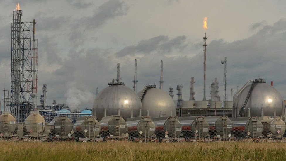 Parked oil tanks at the Suncor Energy Edmonton refinery in Sherwood Park, Alberta, Canada.