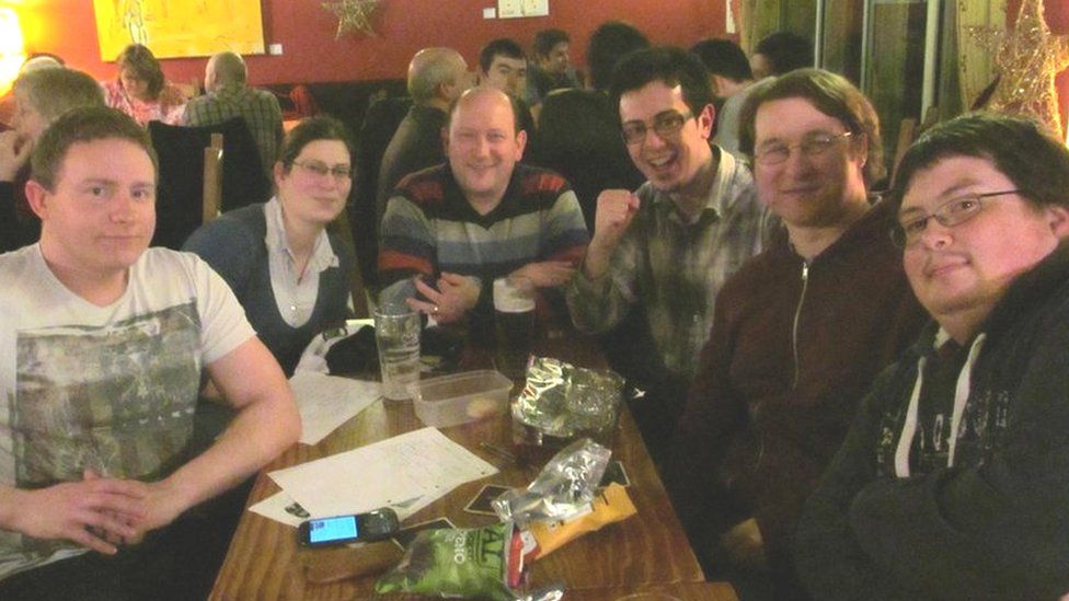 Quiz teammates around pub table. From L-R Richard Bergman, Louise Patterson, Don, Ivan Hollins, Patrick Campbell, Matt Smith