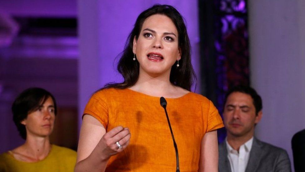 In this file picture taken on March 6, 2018 Chilean actress Daniela Vega, who stars in A Fantastic Woman - winner of the 90th Academy Award for Best Foreign Language Film - speaks during a press conference after a meeting with Chilean President Michelle Bachelet
