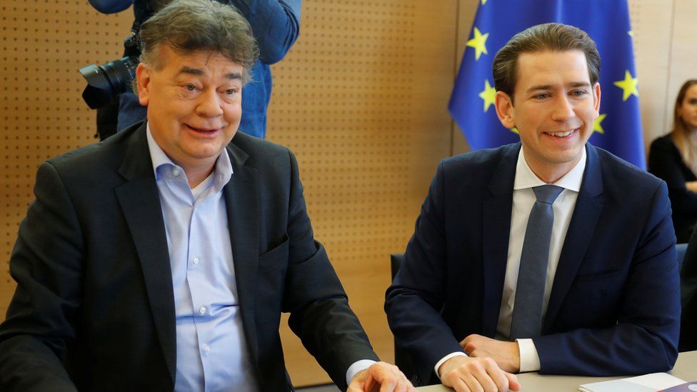 Werner Kogler, left, at a cabinet meeting with Sebastian Kurz in January