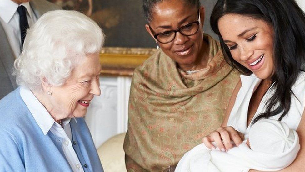 The Duke of Edinburgh, Prince Harry, the Queen, Doria Ragland, the Duchess of Sussex and baby Archie