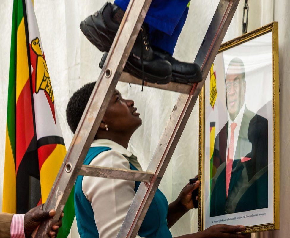 A portrait of Zimbabwe's new President Emmerson Mnangagwa is hung at State House, Harare, Zimbabwe - Monday 4 December 2017