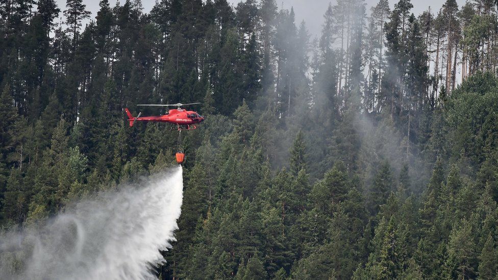 A chartered helicopter dumps a load of water onto a smouldering spot in a forest near the village Grotingen in the Bracke municipality to fight one of many wild fires in central Sweden, 22 July 2018