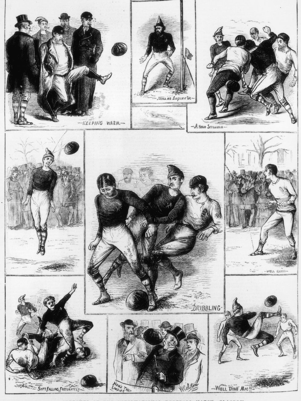 30th November 1872: Scenes from an International football match between England and Scotland in Partick, Glasgow, Scotland. The match resulted in a 0-0 draw. Original Artist: W. Ralston. Published in The Graphic - 14th December 1872 (Photo by Hulton Archive/Getty Images)
