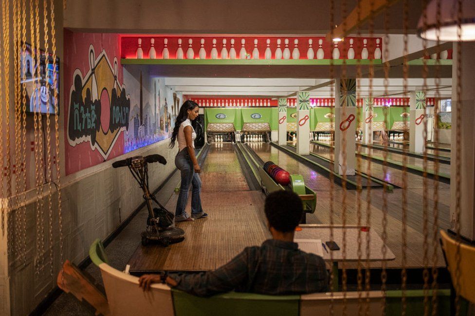 A couple play at the Guenet Bowling alley in Addis Ababa.