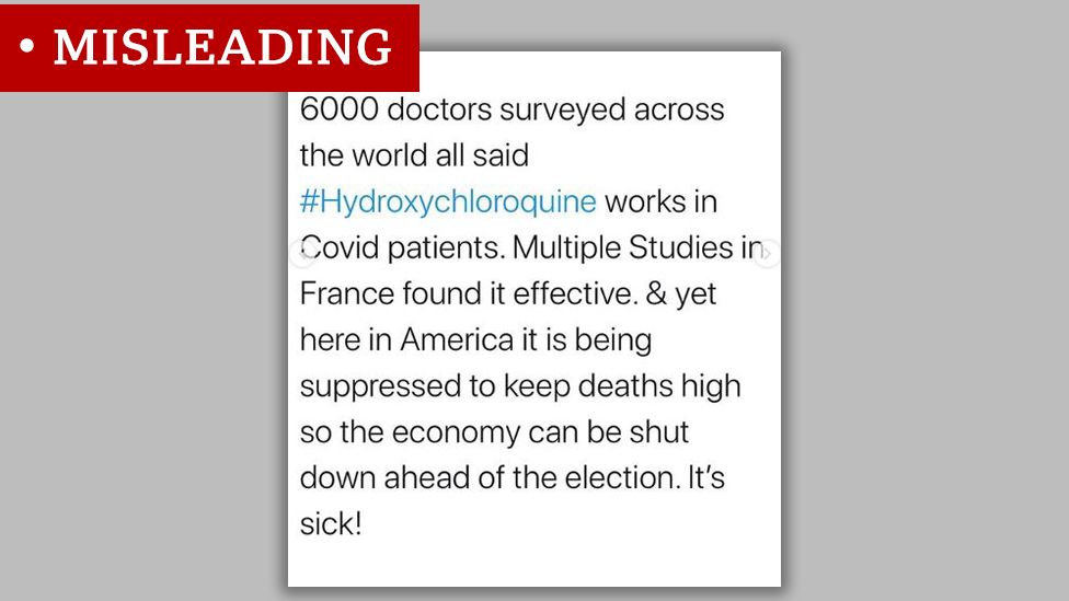 Screenshot of a tweet that claims 6,000 doctors surveyed around the world said that hydroxychloroquine "works in Covid patients". We labelled the post "misleading"