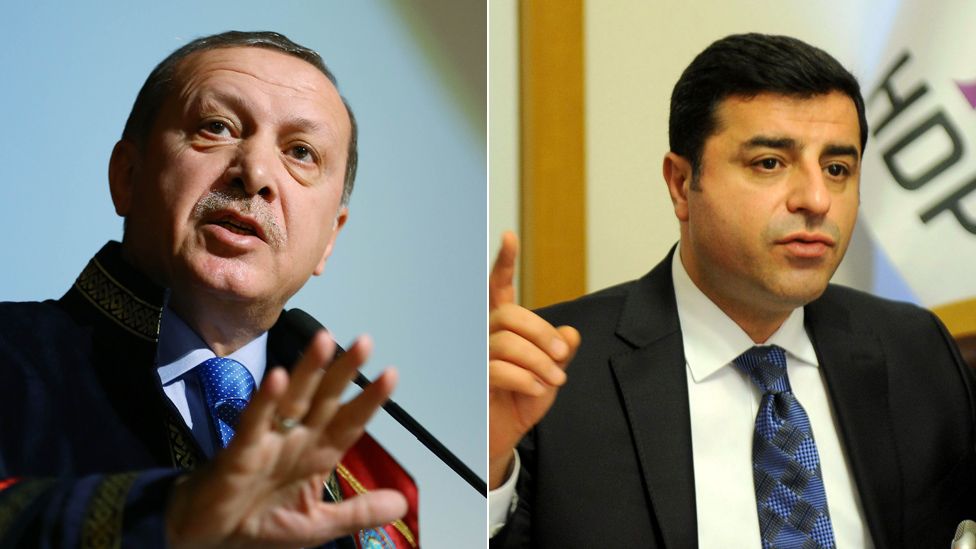 Turkish President Recep Tayyip Erdogan (L) and HDP co-leader Selahattin Demirtas - file pics