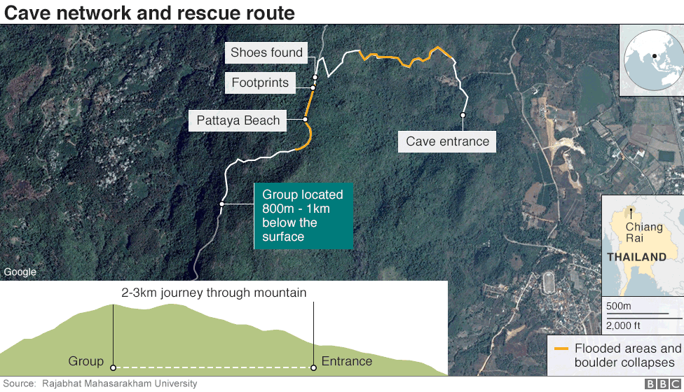 Map showing cave network and rescue route