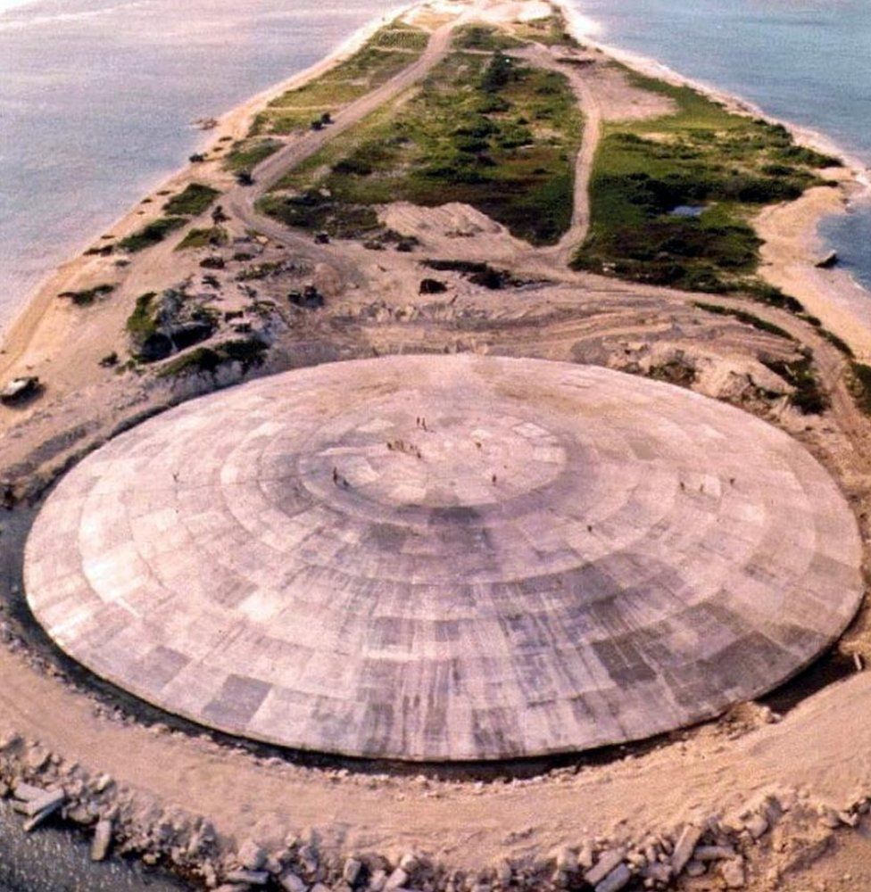 Concrete dome to contain nuclear material on Runit Island,