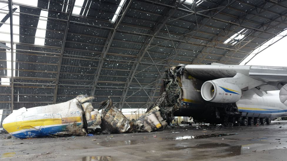 Destroyed Mriya transport plane at Hostomel airport