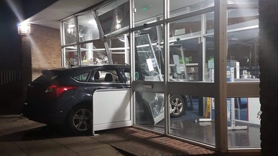 Damaged entrance to Bridgemary Library