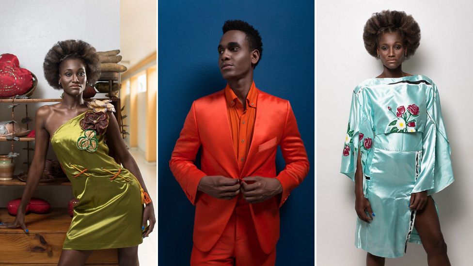 Models show off clothes designed by Michel Chataigne