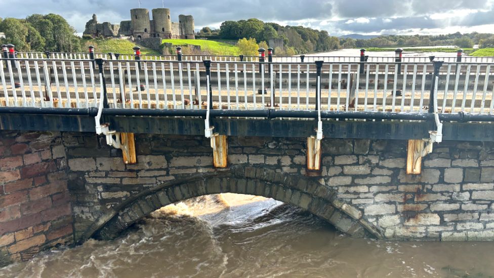 The River Clwyd remained high at Rhuddlan, Denbighshire, on Saturday morning