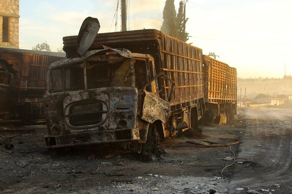 Damaged aid trucks are pictured after an airstrike on the rebel held Urum al-Kubra town, western Aleppo city, Syria 20 September 2016