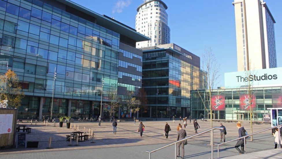 Image shows exterior of BBC Quay House and the Studio Block at the BBC's Northern base at MediaCity Salford,