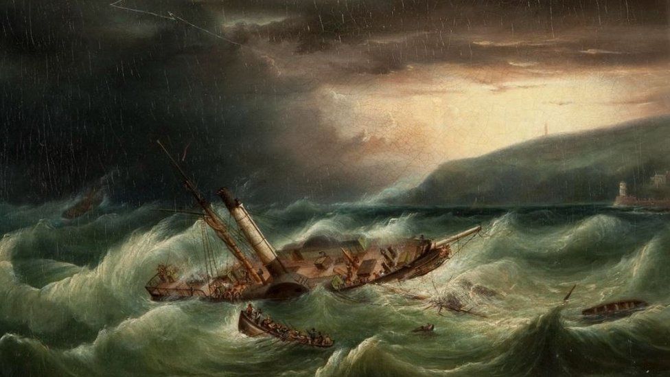 Масляный холст, изображающий пароход «Георгий Победоносец», попавший в шторм