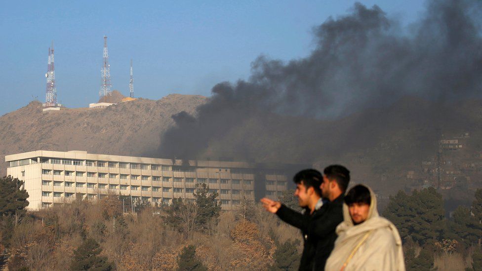Smoke rises from the Intercontinental Hotel during an attack in Kabul, Afghanistan January 21, 2018.