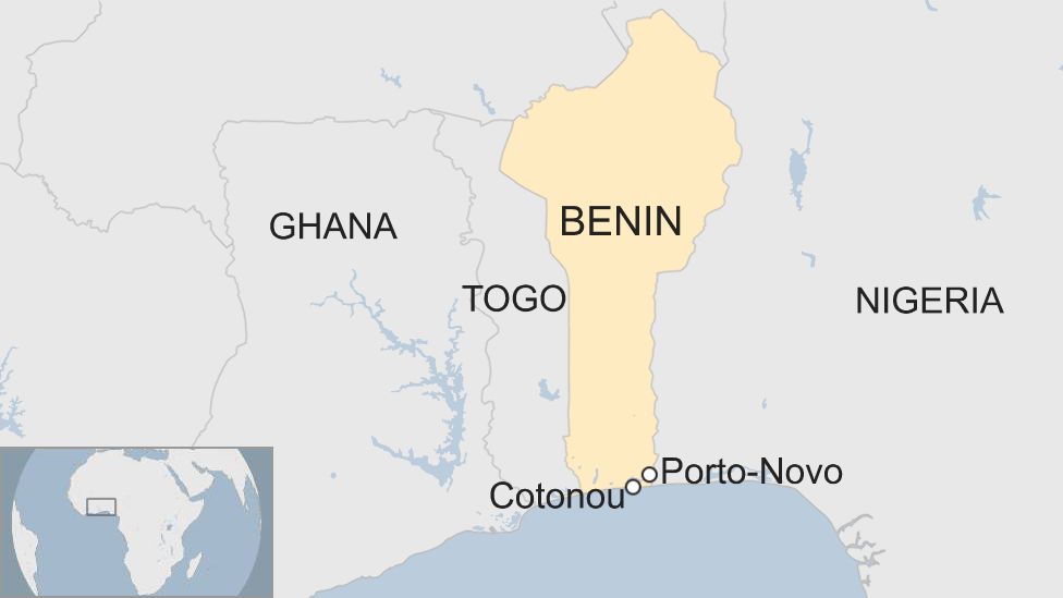 A map showing the locations of Cotonou and Porto-Novo in Benin.