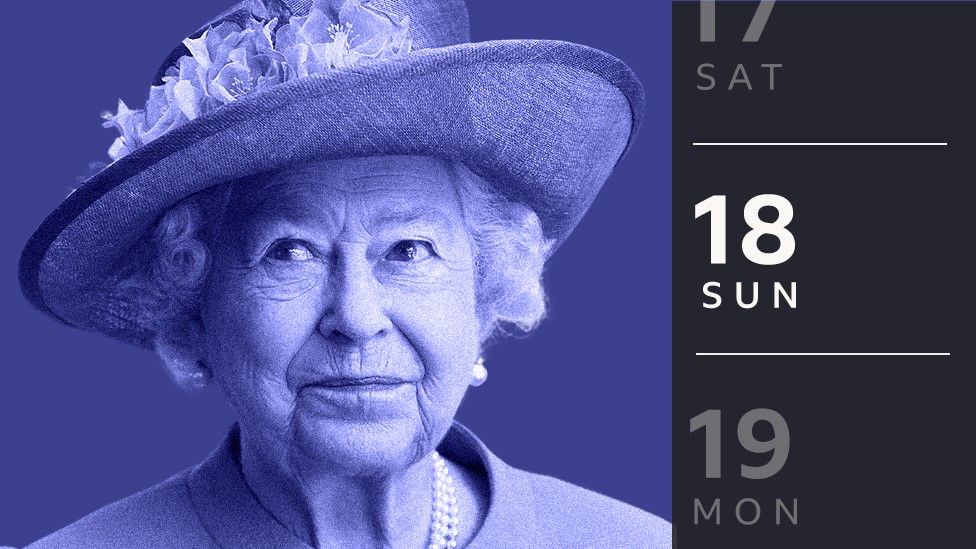 Queen Elizabeth II next to a calendar showing the day's date
