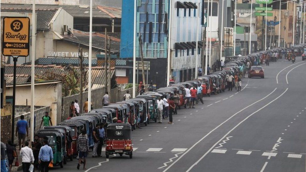 Three-wheelers queue to buy petrol due to fuel shortage, amid the country"s economic crisis, in Colombo, Sri Lanka, July 5 2022.