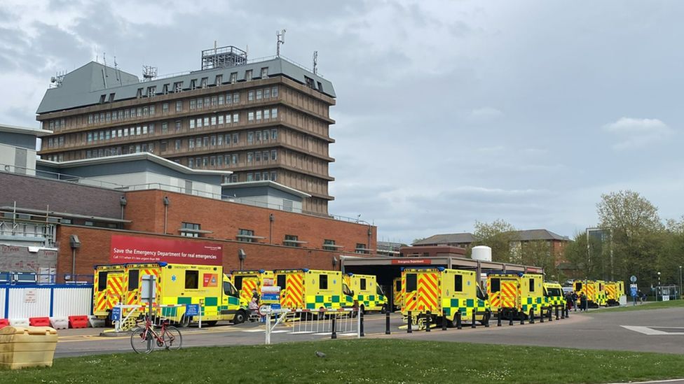 Ambulances waiting outside Gloucestershire Royal Hospital