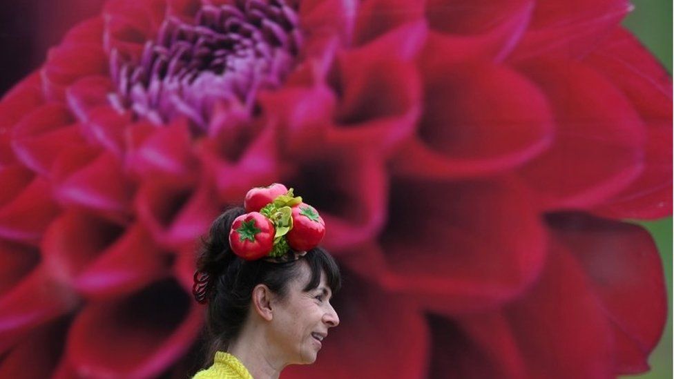 A woman with a themed hat of apples attends the Chelsea Flower Show 2021