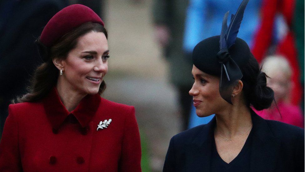 The Duchess of Cambridge and the Duchess of Sussex arrive at St Mary Magdalene's church for the Royal Family's Christmas Day service on the Sandringham estate in 2018
