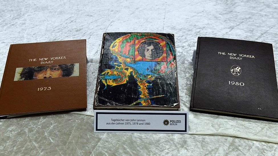 Diaries from the estate of John Lennon are pictured during a press conference on November 21, 2017 in Berlin.