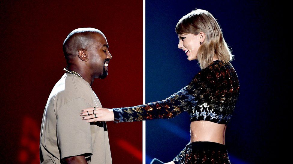 Side-by-side collage of Kanye and Taylor together, with the colours of their political parties