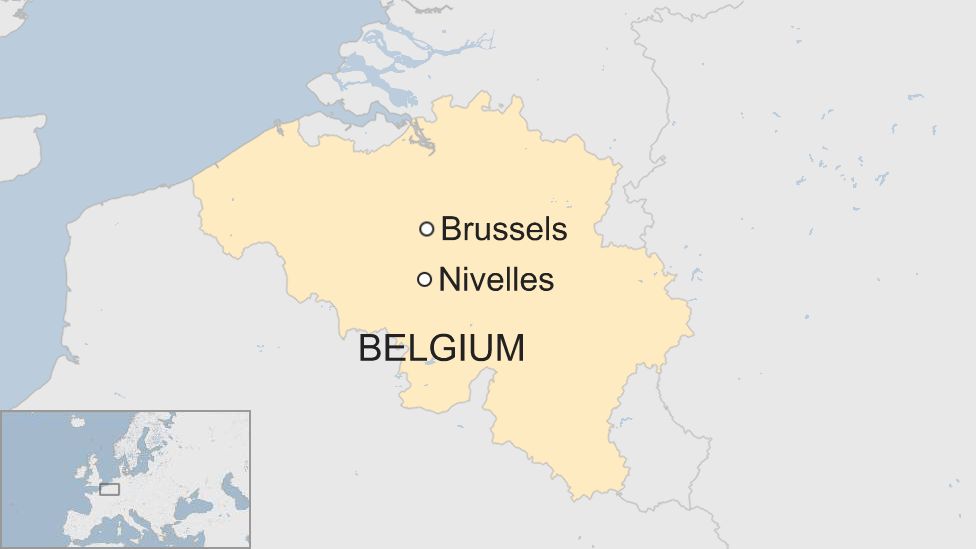 Map of Belgium showing Nivelles in relation to Brussels