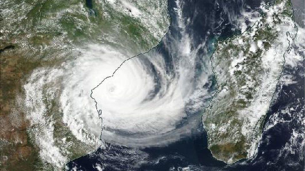 Nasa satellite image showing the arrival of Cyclone Idai in Mozambique, 14 March 2019