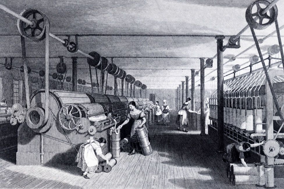 A print from 1830 showing the carding, drawing and roving of cotton in a steam-powered factory