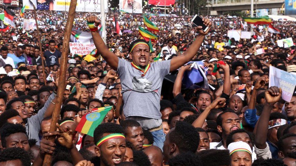 Cheering supporters of PM Abiy