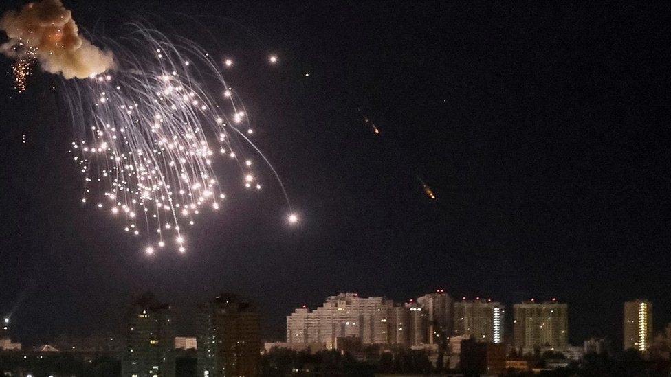 A drone exploding in the night sky over Kyiv, 10 September 2023