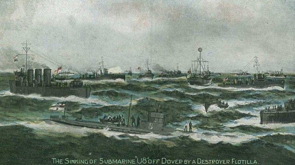 Postcard depicting the capture of the U-8 off Dover