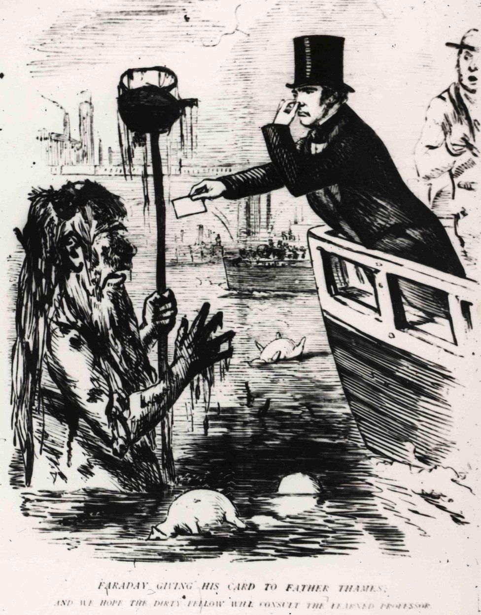 19th century cartoon of scientist meeting mythical "Father Thames"