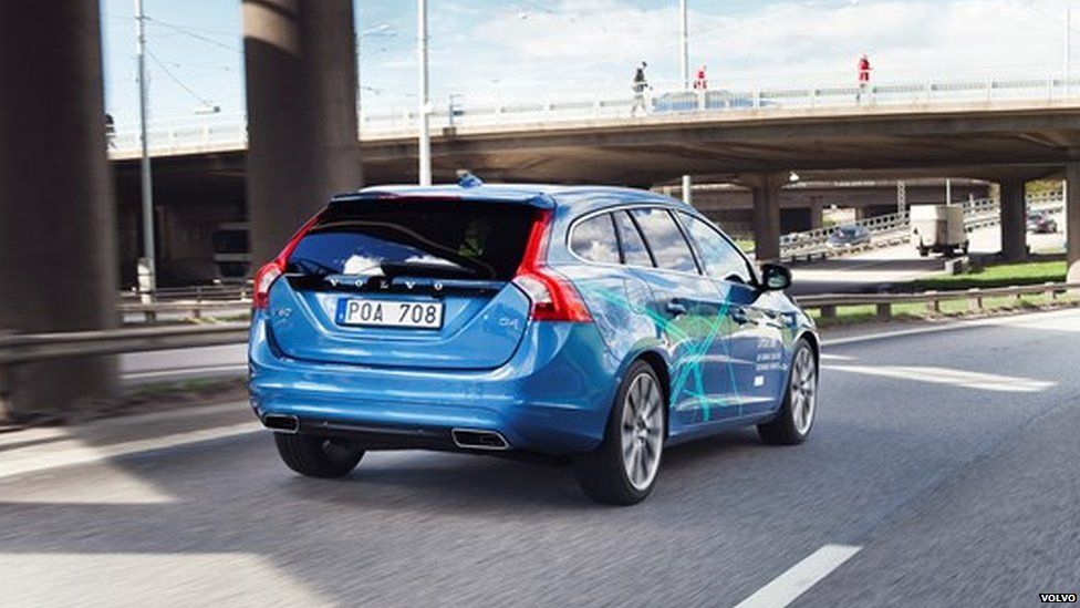 A driverless Volvo car on the road