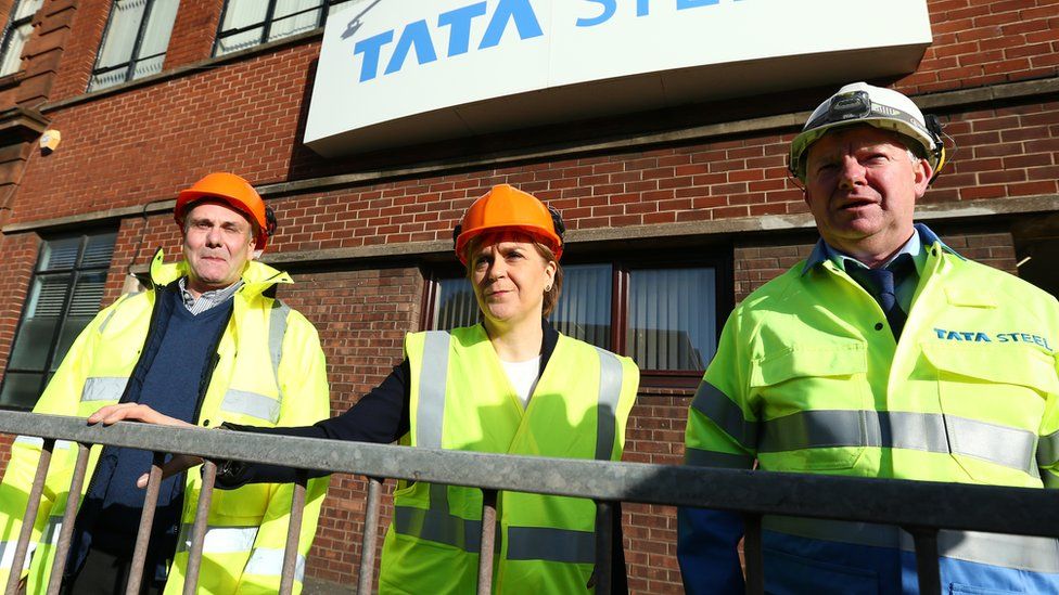 Scottish First Minister Nicola Sturgeon visits Lanark steel mills which were, very briefly, nationalised.