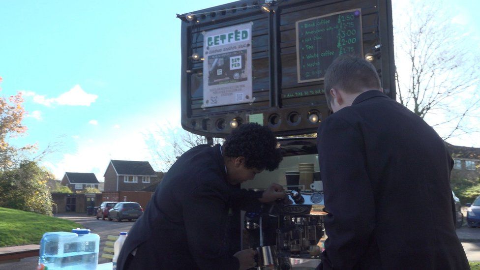 Young people learning at the coffee van